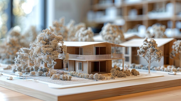 Photo a model of a house with a tree in front of it the house is made of wood and has a porch