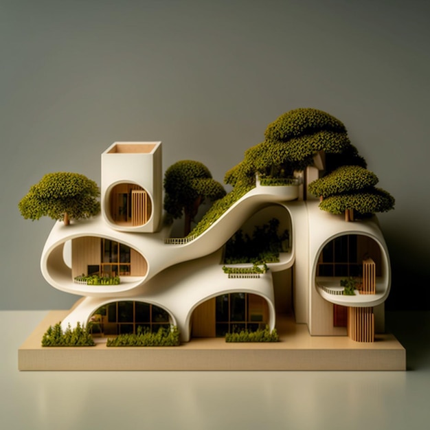 A model of a house with a tree on the top