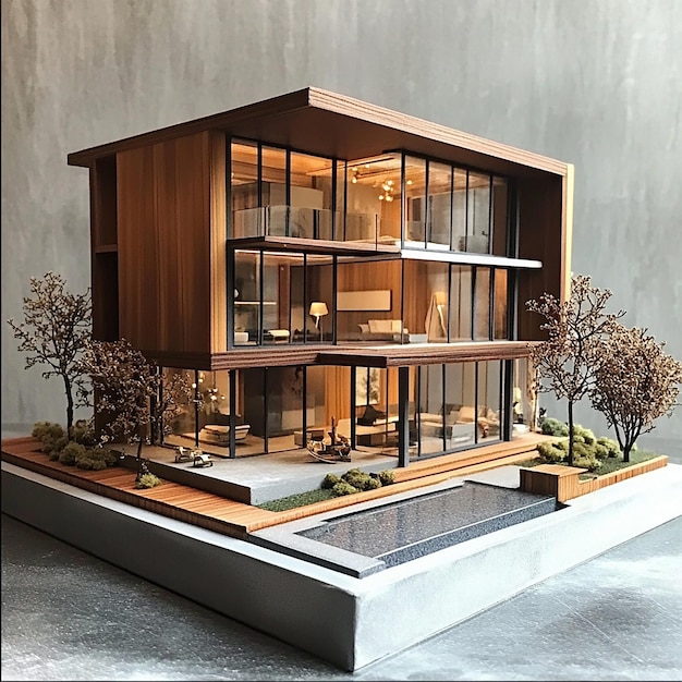 Photo a model of a house with trees and bushes on the side