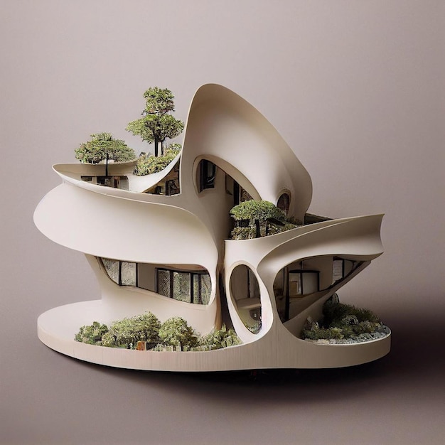 A model of a house with trees on it