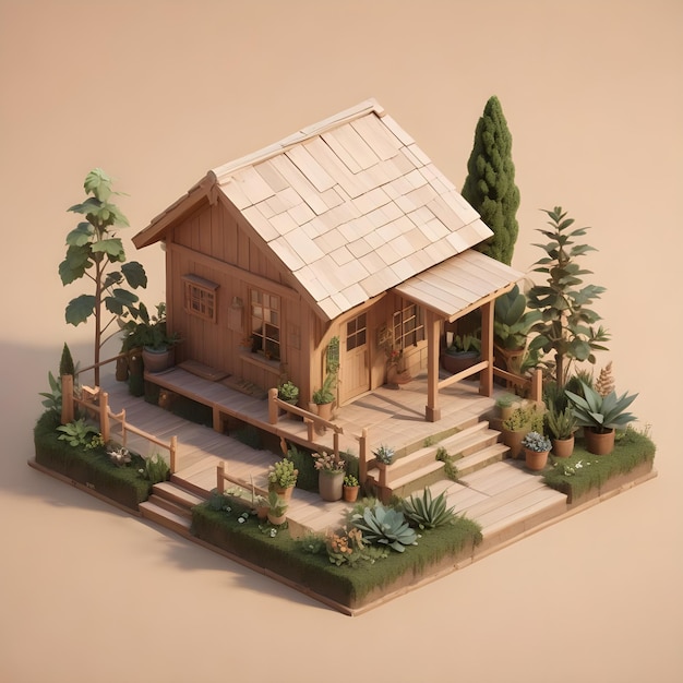 a model of a house with a wooden roof and a house on the side