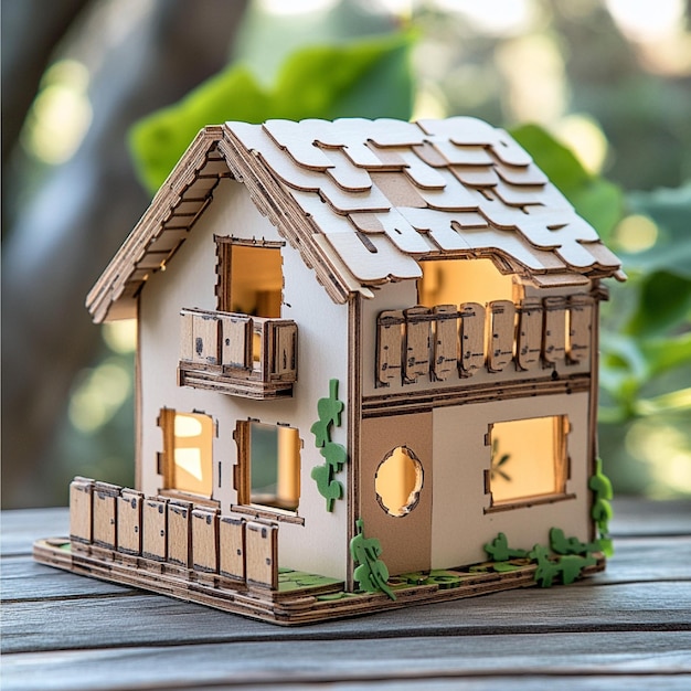 Photo a model of a house with a wooden roof and a small house on the top