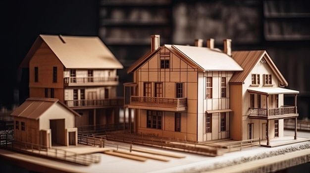 A model of a house with a wooden roof and a wooden house on the right.