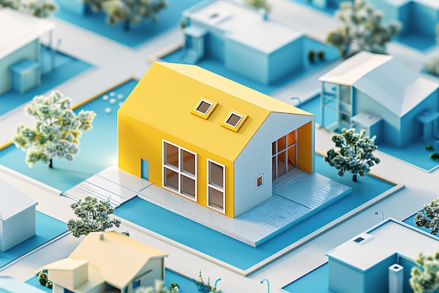 a model of a house with a yellow roof and a house with a blue roof