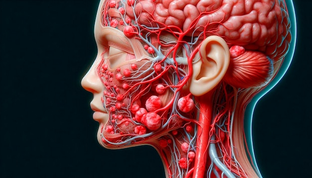 Photo a model of a human head with the brain labeled with the brain