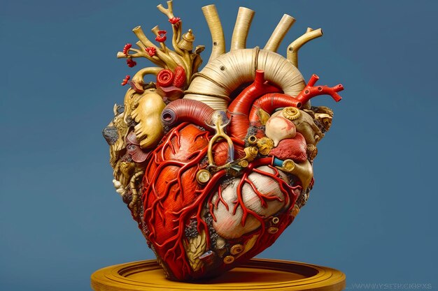 Model of human heart on top of yellow stand on blue background Generative AI