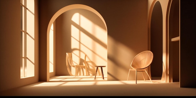 A model of an indoor room with chairs and an arched window