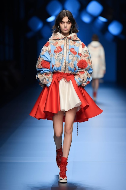 A model is wearing a blue and red floral jacket and a red and white skirt