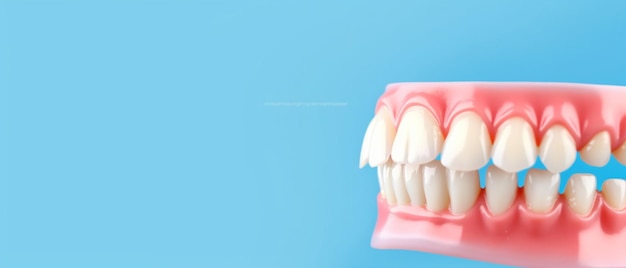 Model of jaw is used by dentist to demonstrate how human teeth and jaw works on blue background