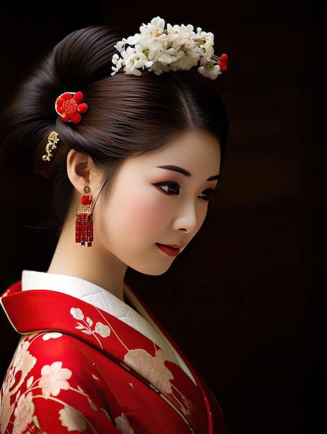 A model in a kimono with a red bow and white flowers.