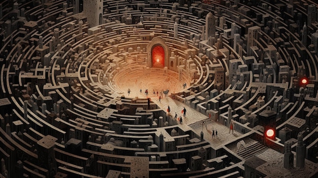 Photo a model of a labyrinth with a red door in the center