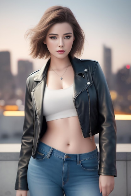 A model in a leather jacket and jeans stands on a rooftop