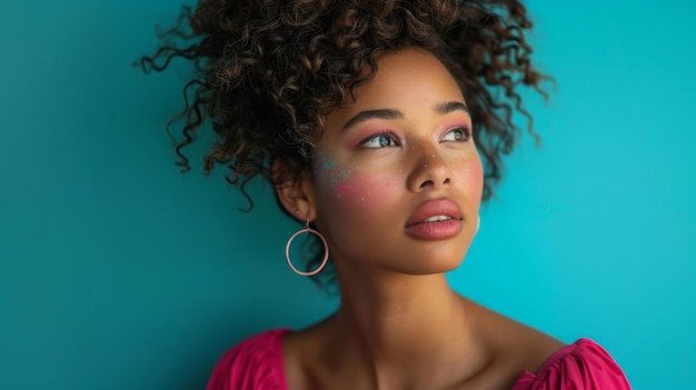 A model in a magenta dress against a cyan backdrop