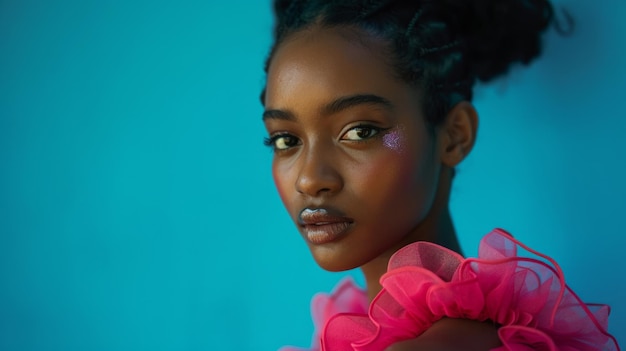 A model in a magenta dress against a cyan backdrop