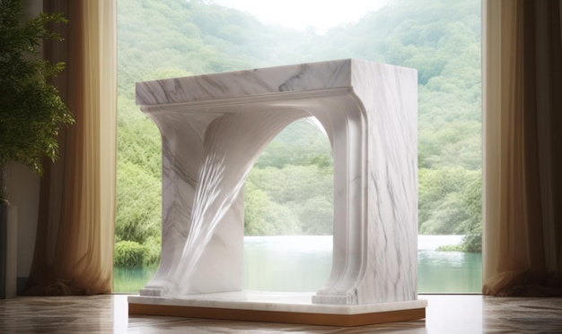 A model of a marble sculpture with a view of a lake.