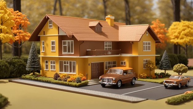 a model of a model house with a car parked in front of it