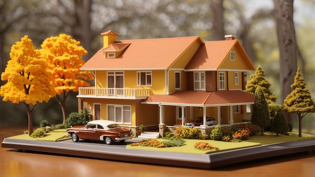 a model of a model house with a car parked in front of it