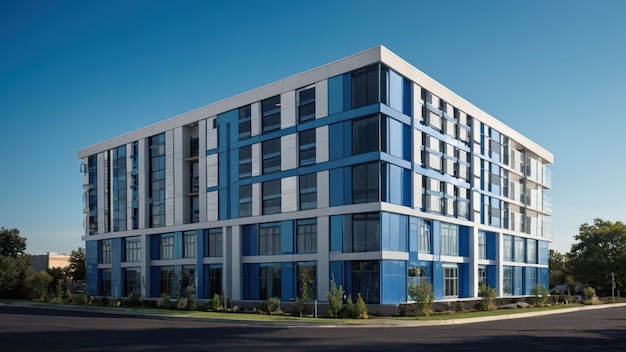 A model of a modern glass office building against a blue sky