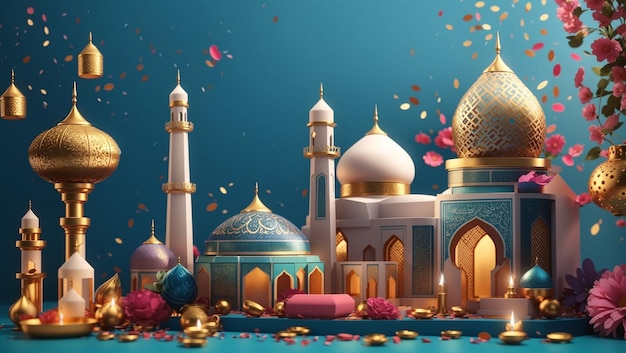 Photo a model of a mosque with a blue background with a gold frame