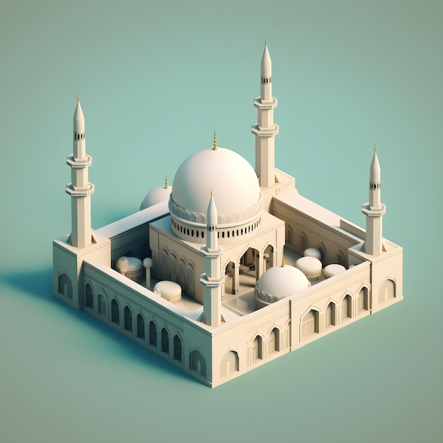 A model of a mosque with a blue background.