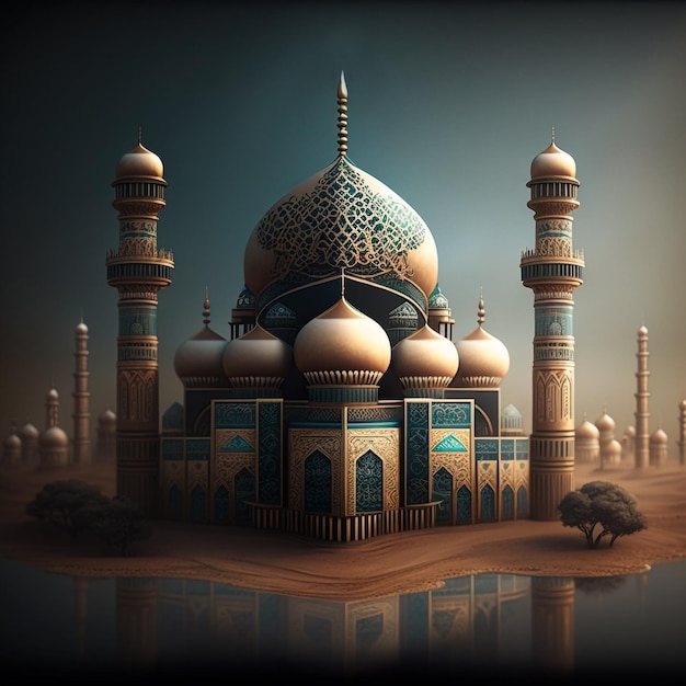 A model of a mosque with a blue and gold design.