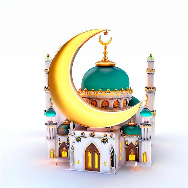 A model of a mosque with a green dome and a crescent moon.