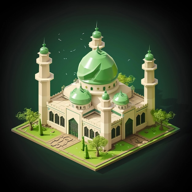 a model of a mosque with a green roof and a green dome