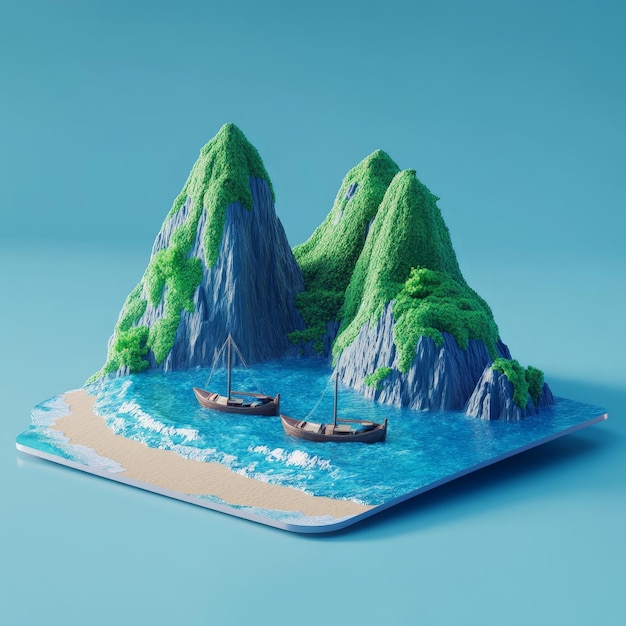 Photo a model of a mountain with boats on it