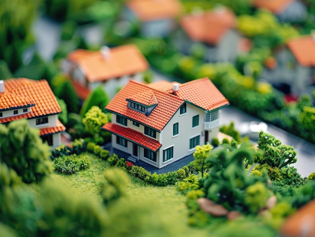 A model of a neighborhood with houses and trees