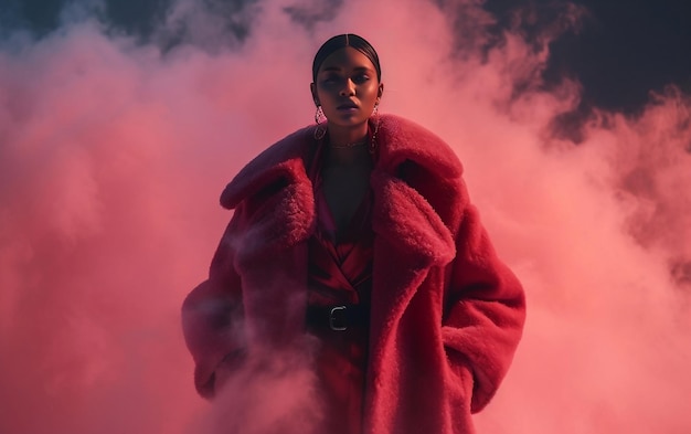 Model in pink designer dress with car amp smoke in background