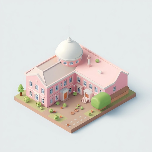 a model of a pink house with a white dome on the top