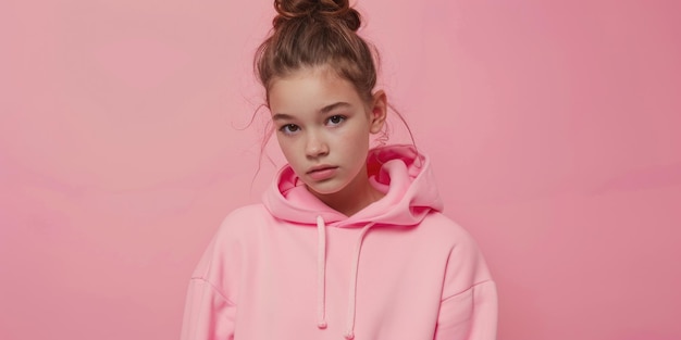 Photo model in pink sweatshirt bun hair style