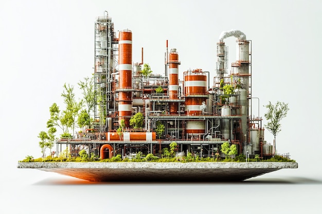 a model of a plant with a green roof and a red and white picture of a building with trees in the background