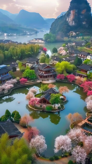 Photo a model of a pond with a house and trees in the background