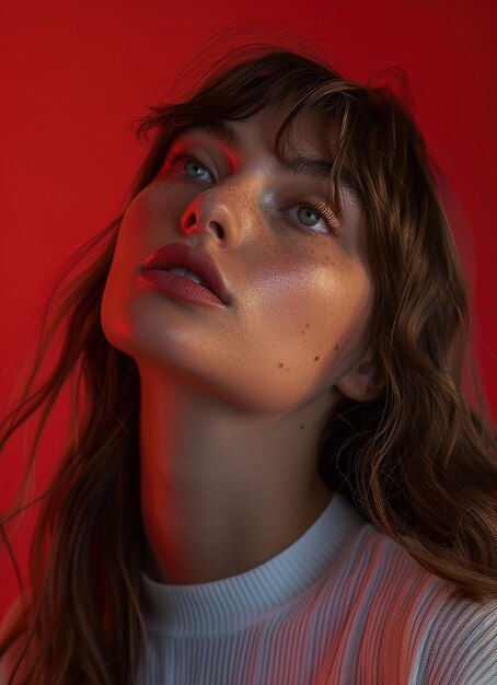 Photo model portrait in studio lady in red lipstick