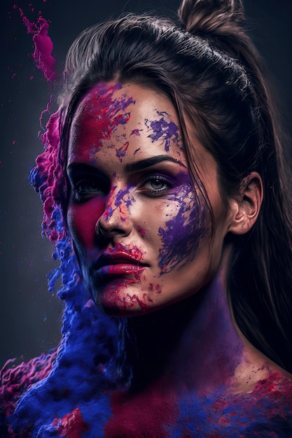 Model portrait with holi festival concept paint colorful powder on her face AIGenerated