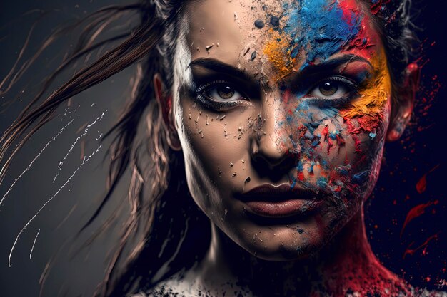 Model portrait with holi festival concept paint colorful powder on her face AIGenerated