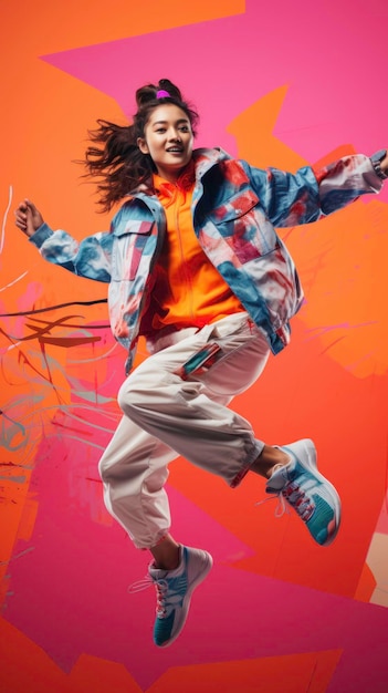 A model poses for a clothing brand in a dynamic pose in a colorful style