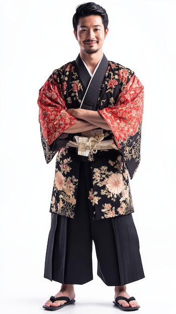 Photo a model poses confidently in vibrant traditional japanese attire embodying culture