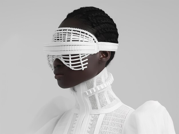 Photo the model presents an innovative fashion design featuring a textured white outfit complemented by a striking blindfold the striking contrasts showcase artistic expression and style