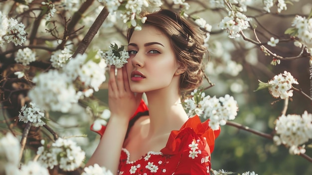 Model of a princess woman in a red dress is touching white flowers beautiful wallpaper AI generated image