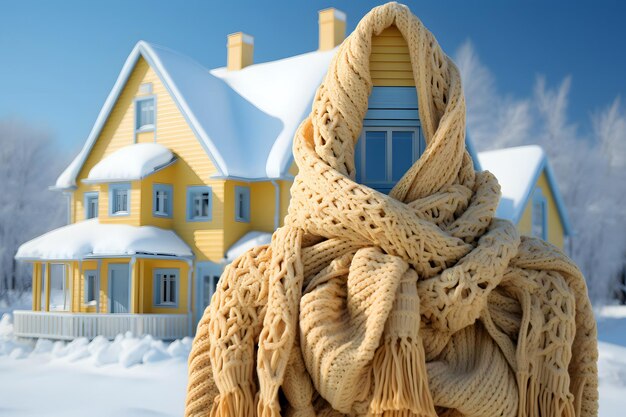 model of a private residential building with a warm scarf on the table the concept of warmth