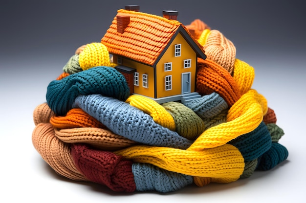 model of a private residential knitted colored house with a warm scarf on the table the concept