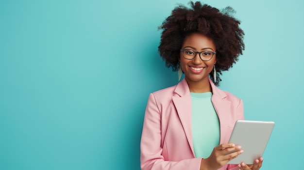 A model in professional work attire with a pastel blue background holding a tablet