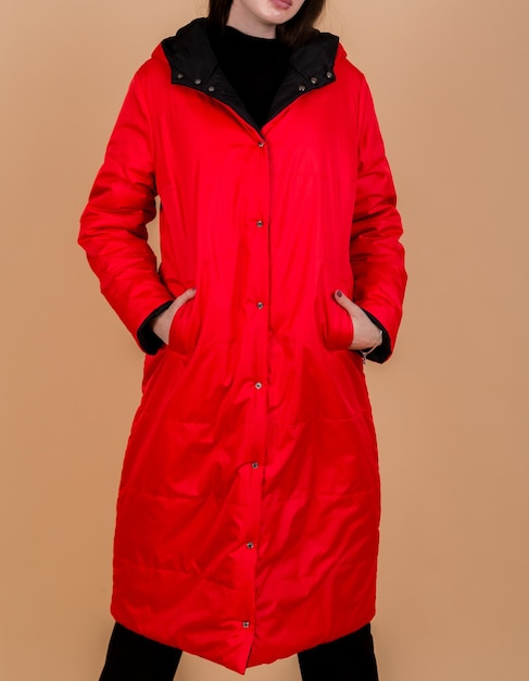 Model in Red Coat Vertical Photo