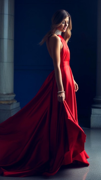 A model in a red dress with a long skirt and a white shirt