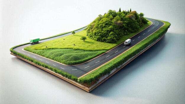 a model of a road with a car on it and a van on the road