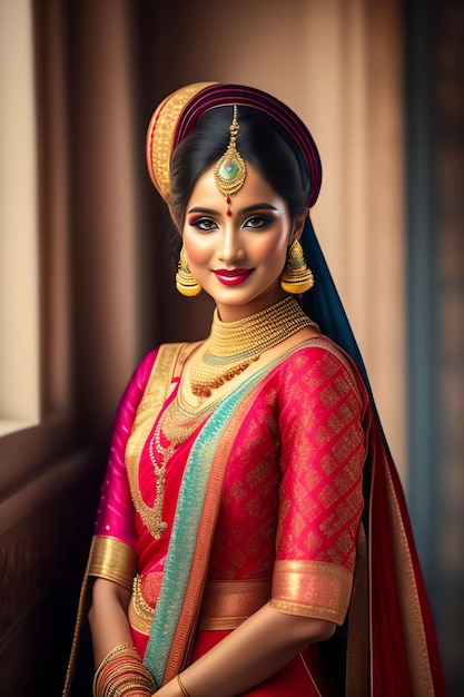 A model in a sari with a red and pink sari