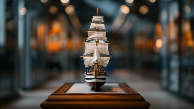 Photo a model ship stands on display in a museum