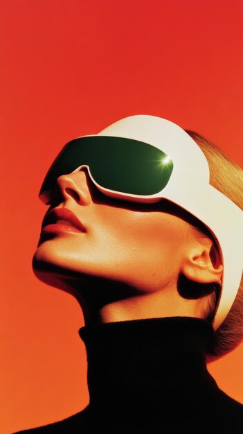 A model showcases striking retro sunglasses against a vibrant orange backdrop